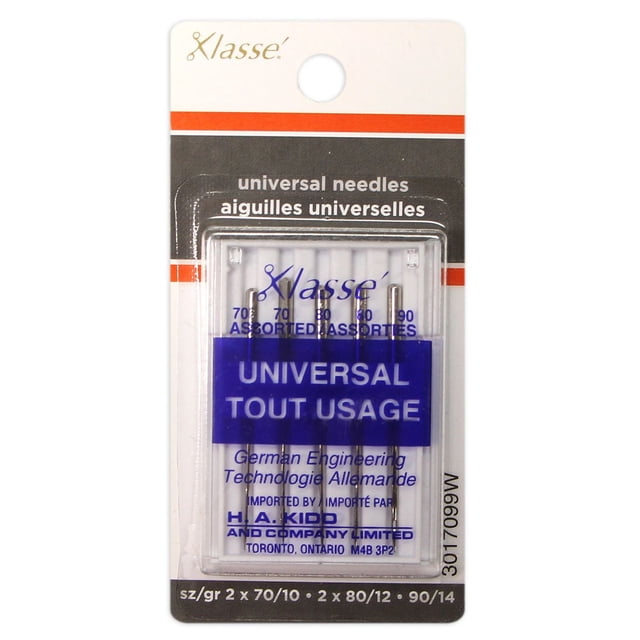 KLASSE ́ Aiguilles Tranchantes Universelles, Paquet Contenant Cinq Aiguilles Assorties pour machine à Coudre, Tailles 70/10, 80/12 et 90/14, dans un Étui en Plastique Transparent avec Détails d'Ingénierie Allemande et d'Importateur Toronto, Convient à la Couture Polyvalente sur Tissus Tissés et Synthétiques.