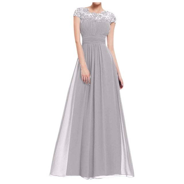Meichang Robes Maxi en Mousseline pour Femmes Tunique Ajustée Plissée Couleur Unie Robe d'Été Évasée Évasée Dentelle Manches Courtes Col Ras du Cou Robe Élégante Soirée Fête Boîte de Nuit Bal Robes d'Été