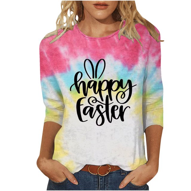 Dvkptbk Chemises pour Femmes Habillées Décontractées 2024 Joyeuses Pâques Hauts Graphiques Mode Décontractée Col Rond Manches Trois-Quarts T-Shirt Haut