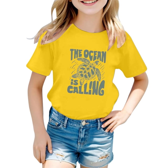 Crop Tops pour Enfants 9-10 Filles Vêtements pour Filles Juniors Motif Lettre Décontracté Multicolore Col Rond Manches Courtes
