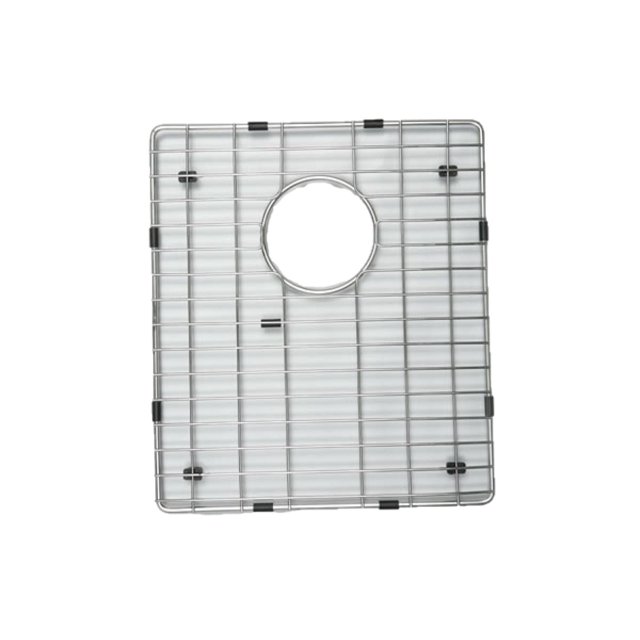 American Imaginations 14.5-in. W Kitchen Sink Grid AI-34822, a rectangular stainless steel grid with chrome finish and black bumpers, featuring a central circular cutout for drain access, designed for drop-in sink installation and CSA certified for quality.