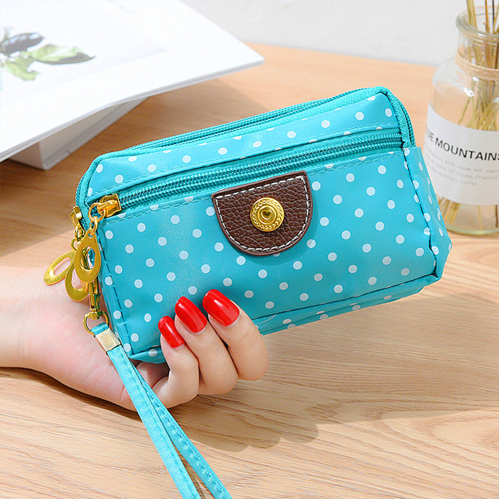 Women Handbag Canvas 3 Layers Zipper Bag Dot Printed Wallet Mobile Phone Bag