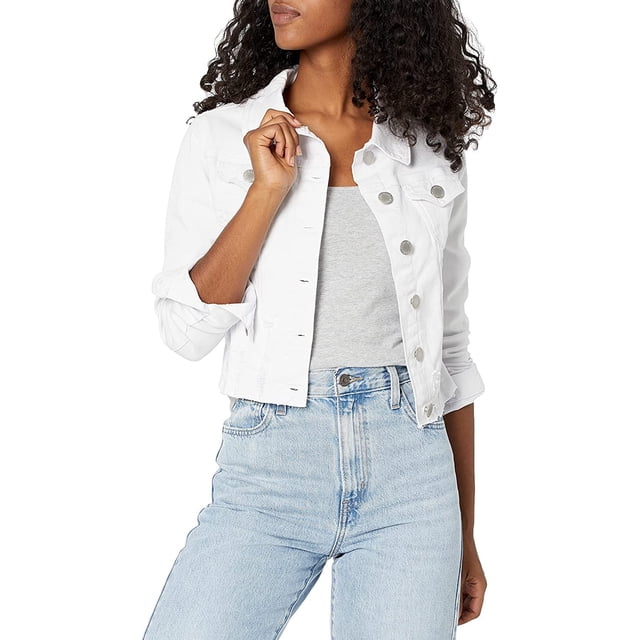 YDX Women's Jeans Denim Jacket Raw Hem Cropped in Black, Ripped White, Medium. A cropped white denim jacket with a raw hem and distressed accents, crafted from a soft and stretchy cotton blend (76% cotton, 22% polyester, 2% spandex). It features a button-down front, long sleeves, and two front pockets. Styled with a grey tank top and light blue high-waisted jeans, this jacket is perfect for casual and trendy outfits.