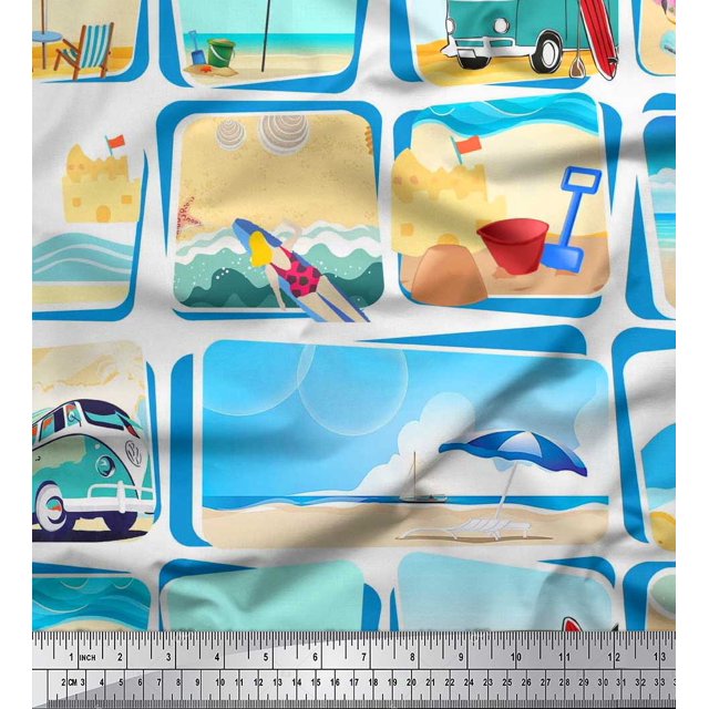 Soimoi Georgette Viscose Fabric Chair,Girl & Beach Surfboard Patchwork Print Fabric by The Yard 42 Inch Wide