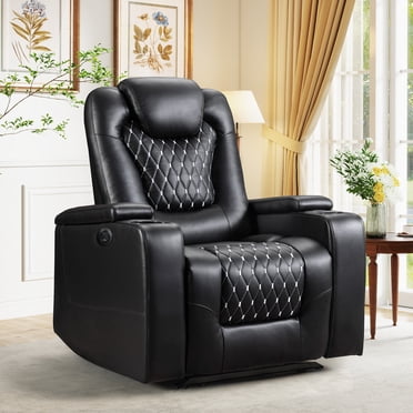 Bonzy Home Power Recliner Chair with USB Ports & Cup Holders, PU Leather Reclining Chair with Hidden Arm Storage for Living Room, Bedroom, Black