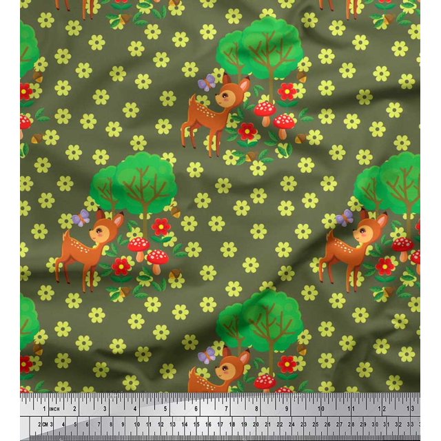 Soimoi Poly Georgette Fabric Floral,Tree & Deer Kids Print Fabric by The Yard 52 Inch Wide