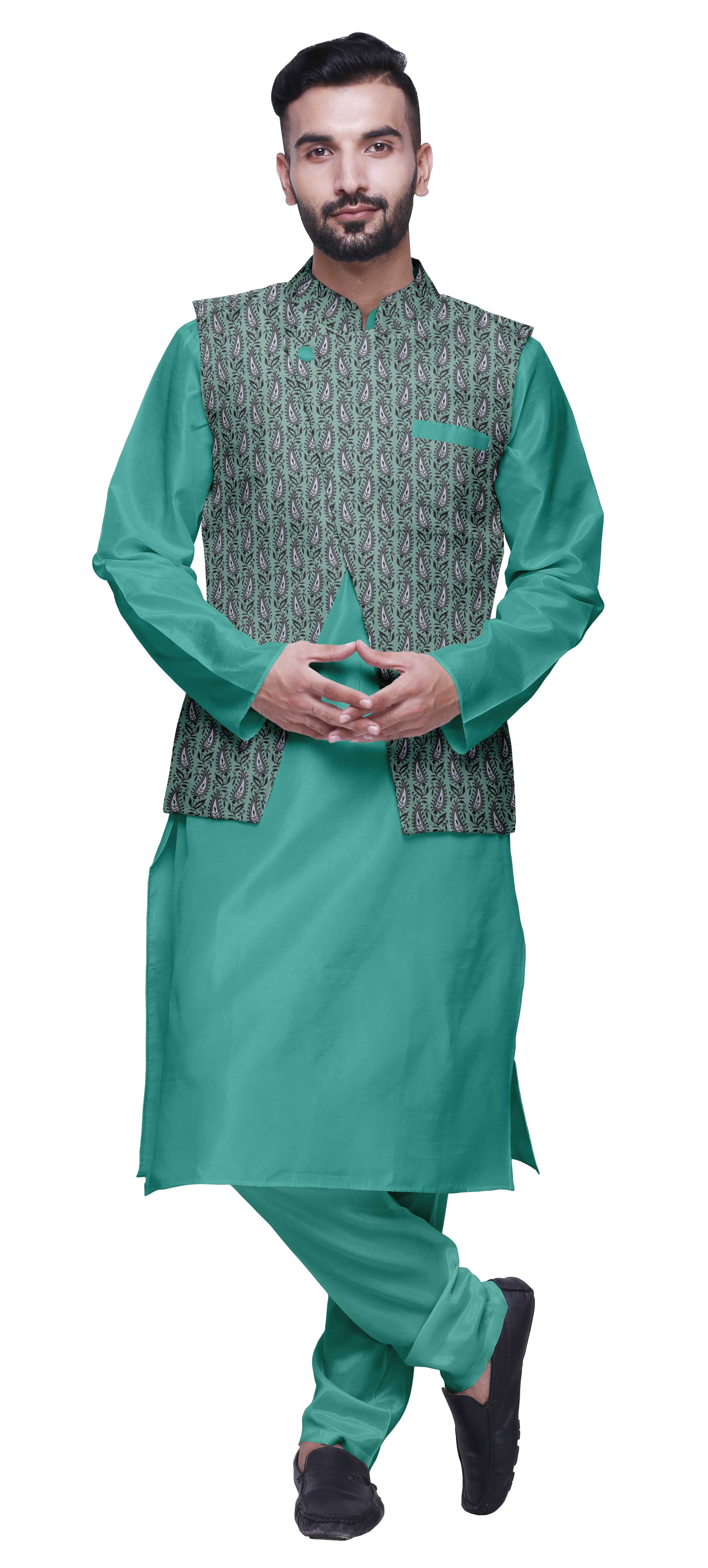 Atasi Kurta Churidar Uni avec Ensemble de Jecket Imprimé pour Hommes, Tenue de Fête d'Été
