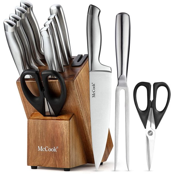 McCook MC35 Knife Sets,11 Pieces German Stainless Steel Hollow Handle Self Sharpening Kitchen Knife Set in Acacia Block