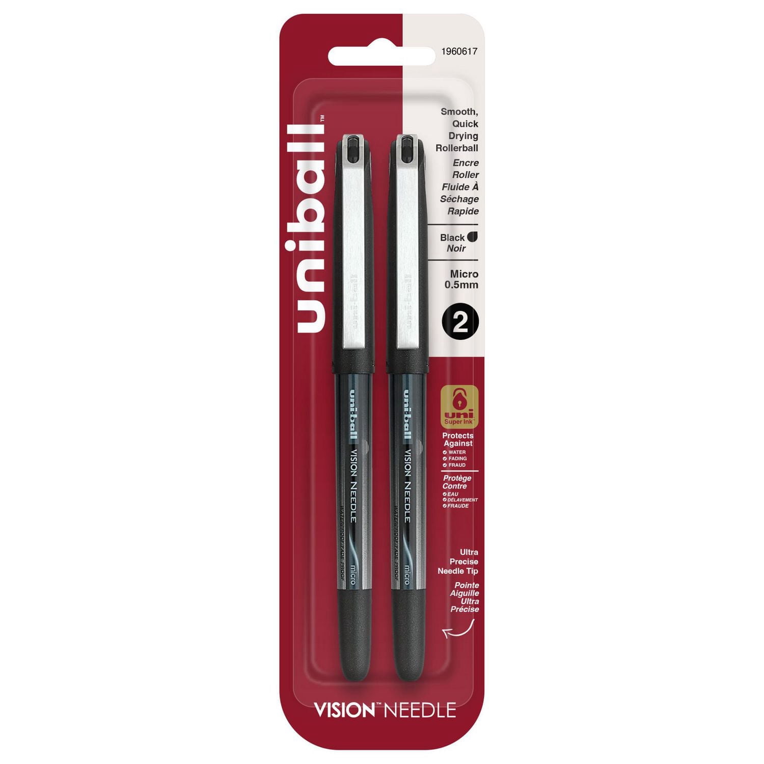 uniball™ Vision Needle Rollerball Pens, Fine Point (0.5mm), Black, 2 Pack