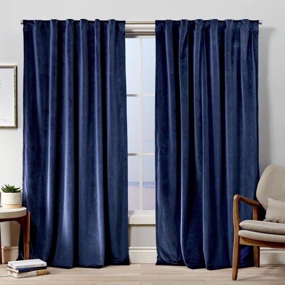 Exclusive Home Velvet Heavyweight Light Filtering Hidden Tab Top Curtain Panel Pair 52""x108"" Navy