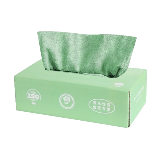 Microfiber Cleaning Cloth, A Box of Friendly Cleaning Cloths - Reusable Absorbent Cleaning Cloths shown in a green box with one cloth partially pulled out. Made of high-density double-sided microfiber material, these super absorbent, fade-resistant cloths are ideal for cleaning glass, mirrors, cabinets, and other surfaces. Designed for low lint and reusability.