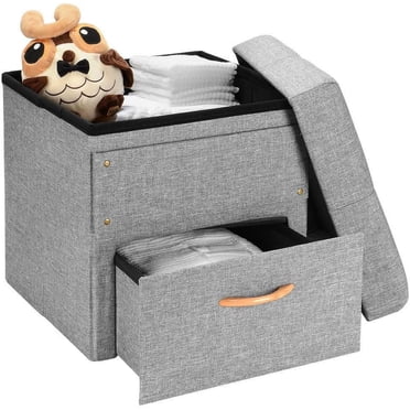 Folding Storage Ottoman with One Drawer, Poly Linen Storage Chest Foot Rest Stool (Grey, 17"x16.5"x16.5")