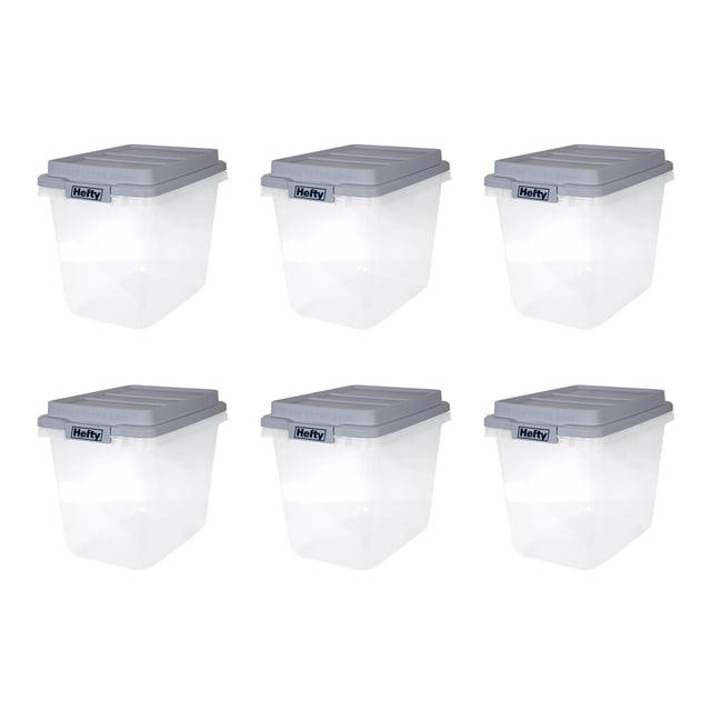 Hefty Lot de 6 Bacs de Rangement en Plastique Empilables de 32 Qt à Hauteur Élevée avec Couvercle, Gris Carrière