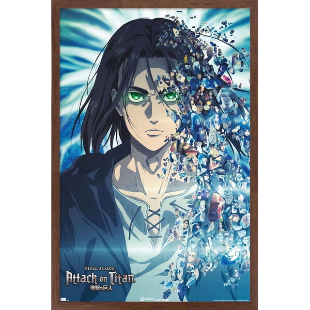 Attack on Titan : la Saison Finale - Affiche Murale de Fragments Représentant un Personnage d'Anime aux Longs Cheveux Noirs avec une Chemise Blanche en Dentelle et une Veste Foncée, le Côté Droit Se Dissolvant en Petits Fragments Montrant des Scènes et des Personnages de la Série, sur un Fond Bleu et Blanc Radieux, Imprimée sur du Papier d'Affiche Lustré et Encadrée en Bois, Convient pour Décorer des Chambres, des Bureaux Ou des Dortoirs.