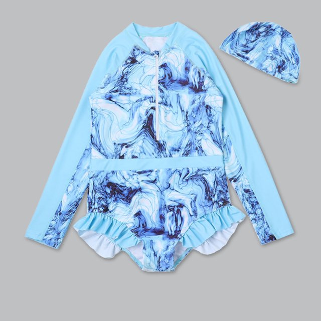 Little Girls Rash Guard Swimsuit Hawaiian Ruffle Long Sleeve Sun Protection Girls Bathing Suit for Teens 5-6 Years