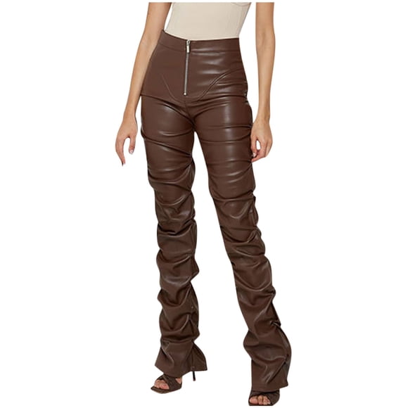 FAIWAD High Waist Leather Pants for Women Zip Up Ruched Leggings Slim Stretch Pleated Streetwear Pants