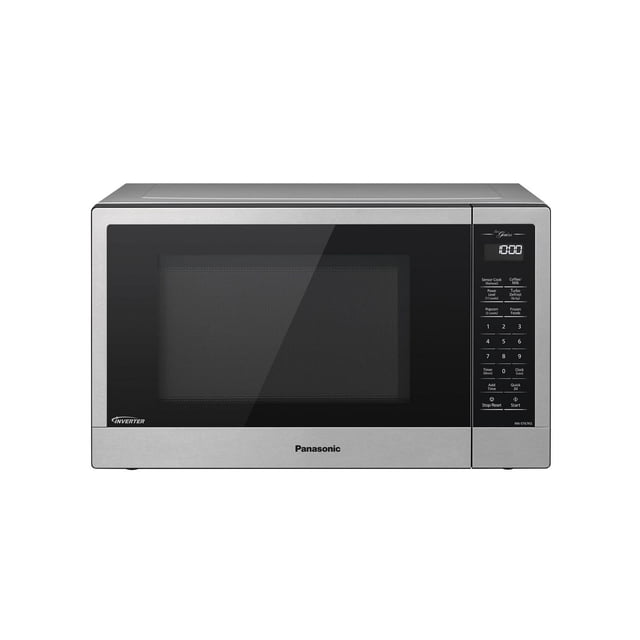 Panasonic NNST67KSC midsize 1200W microwave in stainless steel with a front black glass door, white LED display, and soft touch keypad featuring inverter technology and sensor cooking for even heating and fast defrosting.