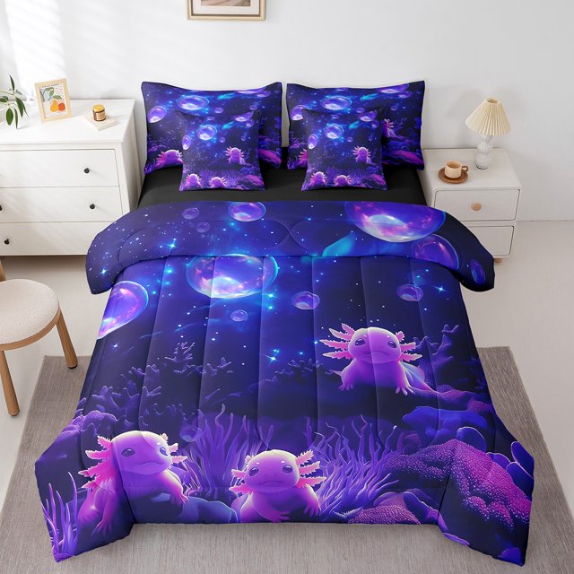 Erosebridal Ensemble de Literie Axolotl Sauvage Format Simple, Ensemble de Lit Animal Mignon, Décor de Chambre pour Enfants à Imprimé Bulles Néon, Réversible 7 Pcs