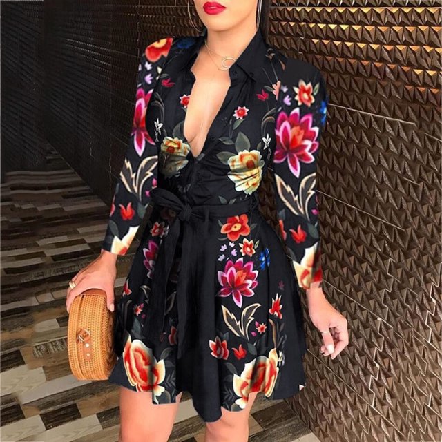 Blouse Décontractée pour Femmes à Boutons Manches Longues Col en V Chemises Ceinturées Blouse Hauts Robe