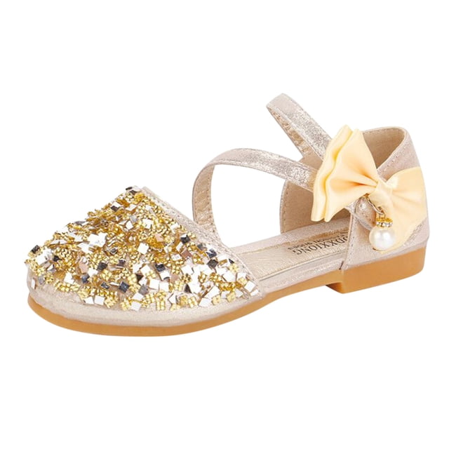 MIASHUI Chaussures de Fille Robe Nœud Papillon Paillettes Princesse Chaussures de Fête Talons Bas Sandales Mary Jane, Or, 2-2,5 Ans