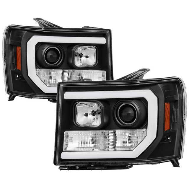 Spyder Automotive Headlight Assembly 5083630 Version 2; Halogen Bulb; Projector Beam With LED Bar Style Daytime Running Light; Clear Lens; Black Plastic Housing; Set of 2