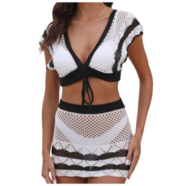 Fgnfyis Ensemble de 2 Pcs au Crochet pour Femme, Paréo Ajouré Dos Nu, Couvre-Maillot de Plage, Ensembles de Maillots de Bain pour Femme, Ensemble Assorti 2 Pcs, Vêtements pour Femme, Blanc, TG