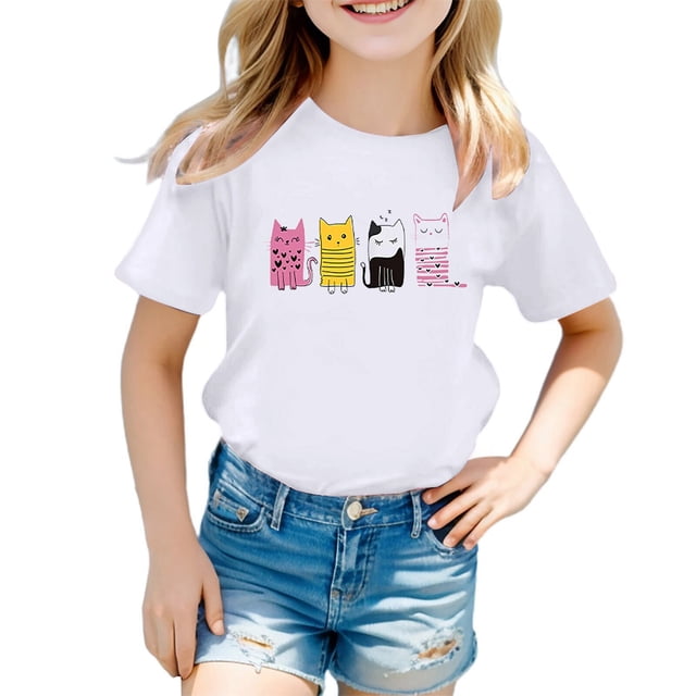 PMVFHDE T-Shirts d'Été pour Filles T-Shirt Mignon à Motif pour Fille Col Rond Manches Courtes T-Shirt Décontracté d'Été Blanc, 3-4 Ans