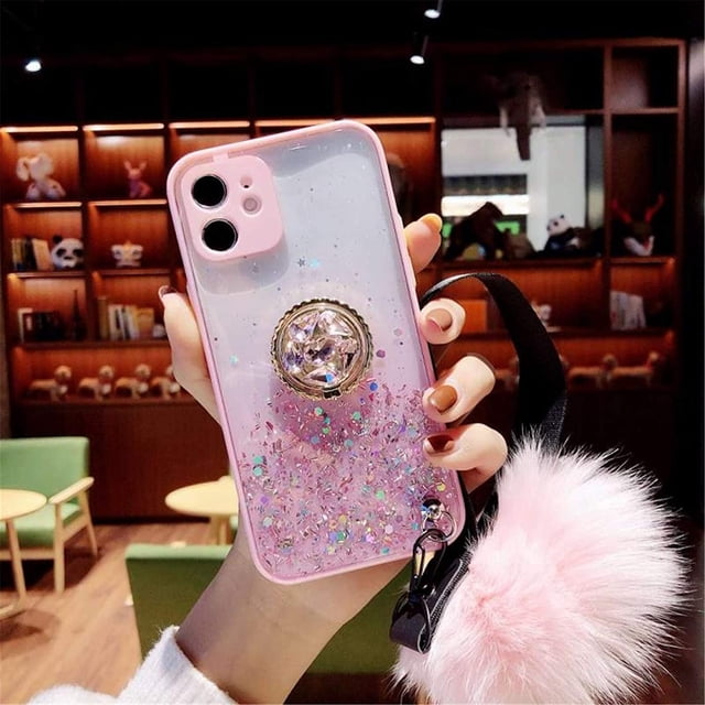 Étui avec Béquille à Anneau Pailleté Compatible avec Support Bling Scintillant en Diamant Strass et Dragonne Boule de Fourrure Duveteuse pour Filles Femmes (Huawei mate30pro)