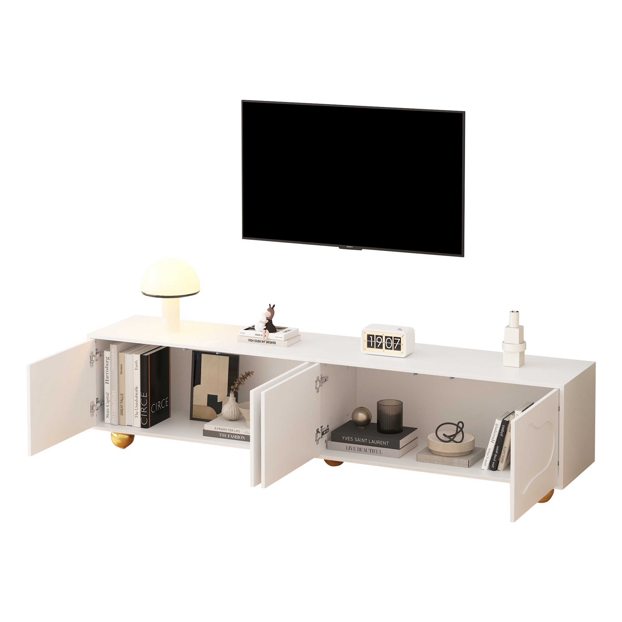 Meuble télé Noble House 64,8 pouces, console multimédia pour téléviseur de 65 pouces, blanc et bois naturel