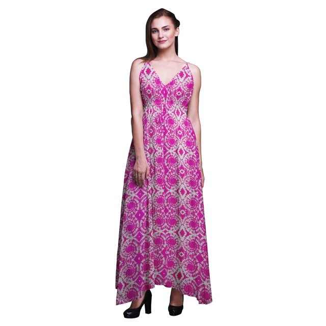 Bimba Tie-Dye Ladies Long Floral PrintDress Spaghetti Strap V Neck Maxi Beach Wear-Small