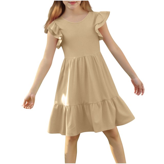 DecSea Girls Summer Double Layer Ruffle Dresses Casual Solid Crewneck Beach Sundress