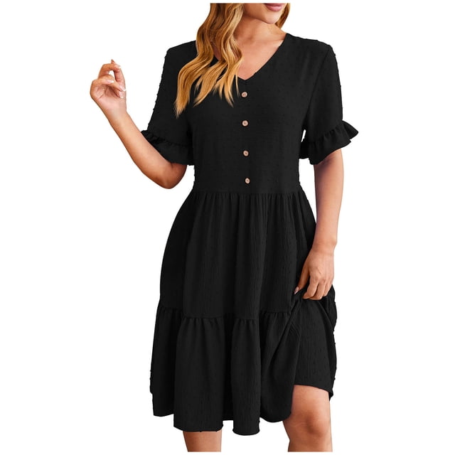 Besolor Womens Summer Dress V Neck Short Sleeve Button Knee Length Dress Loose Flowy Ruffle Boho Sundresses