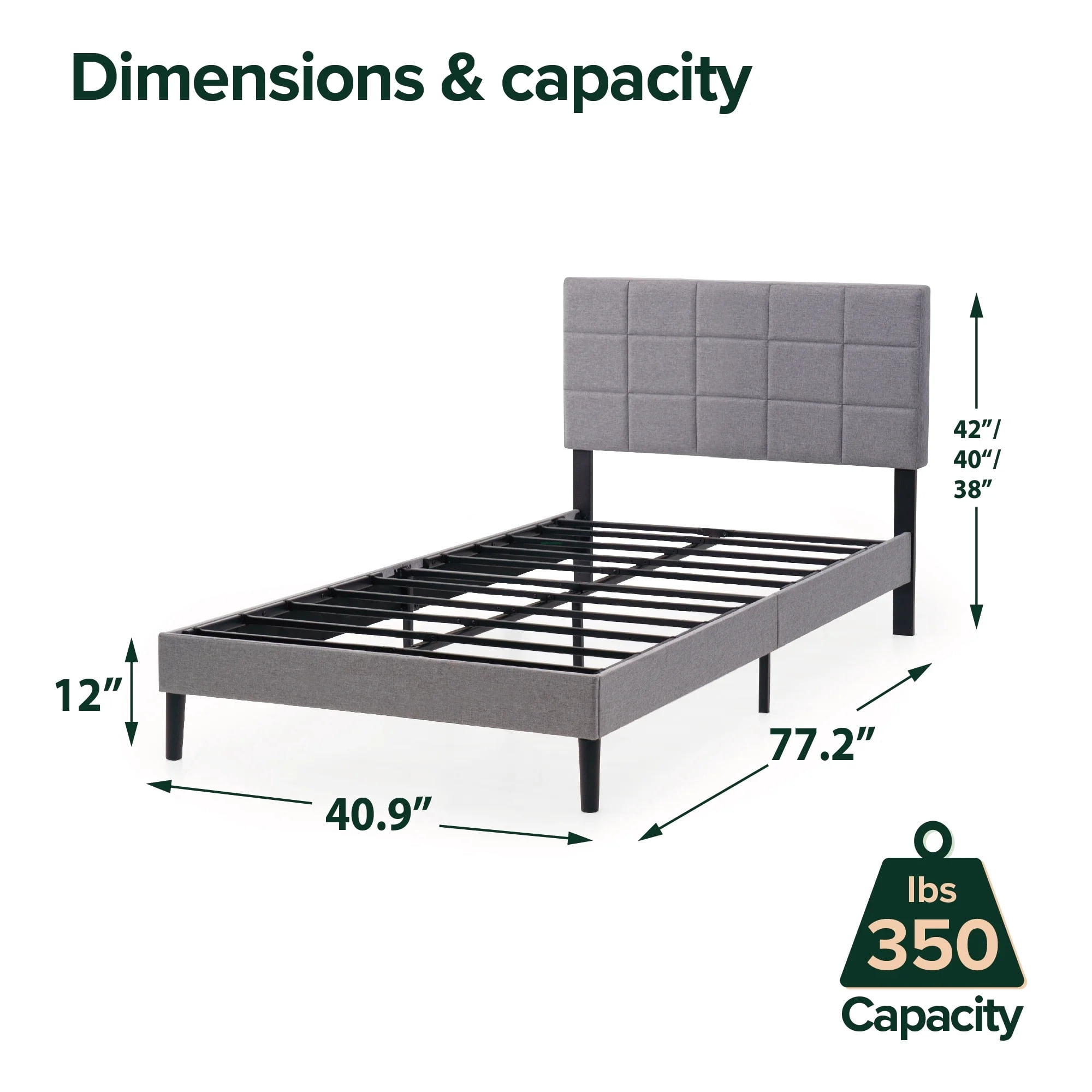 Mainstays Upholstered Full Platform Bed Frame with Square Stitch Height Adjustable Headboard, Grey