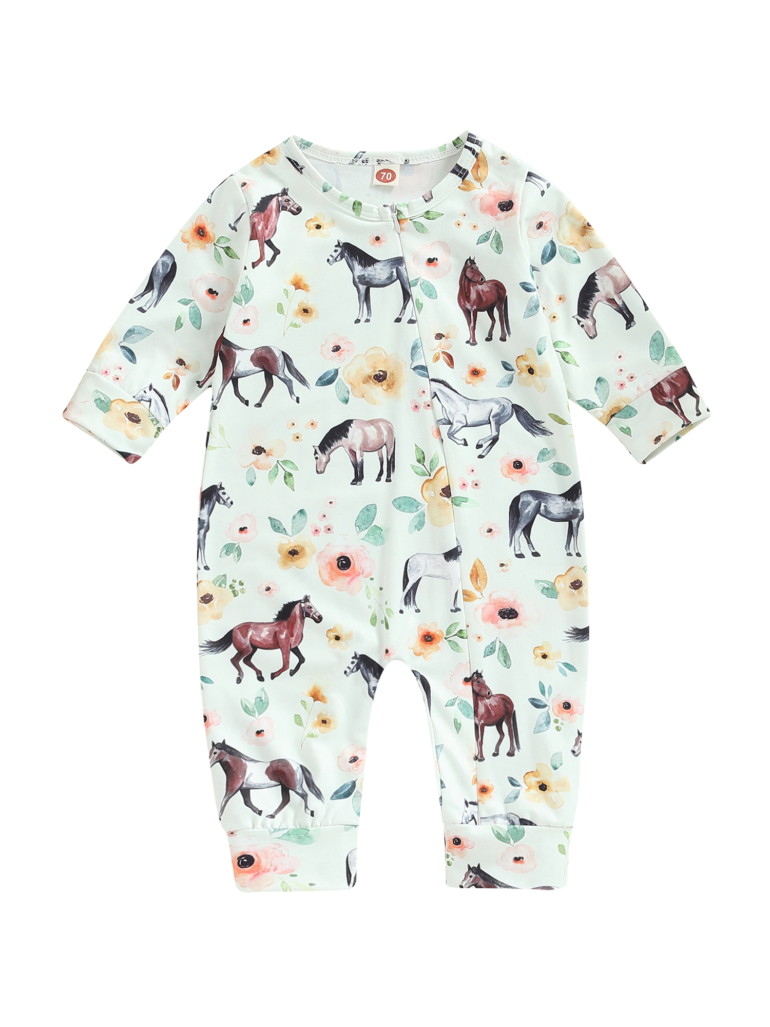 Faithtur Barboteuse pour Bébés Filles Garçons Imprimé Floral Cheval Manches Longues Col Rond Fermeture Éclair Oblique Combinaisons Automne Justaucorps Nouveau-Né