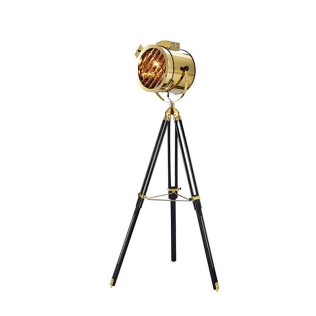 MAICEE FLOOR LAMP IN CHROME with a vintage polished stainless steel gold-tone shade mounted on adjustable black wood tripod legs, designed for E26 60W bulb, suitable for ambient and decorative lighting in home interiors.