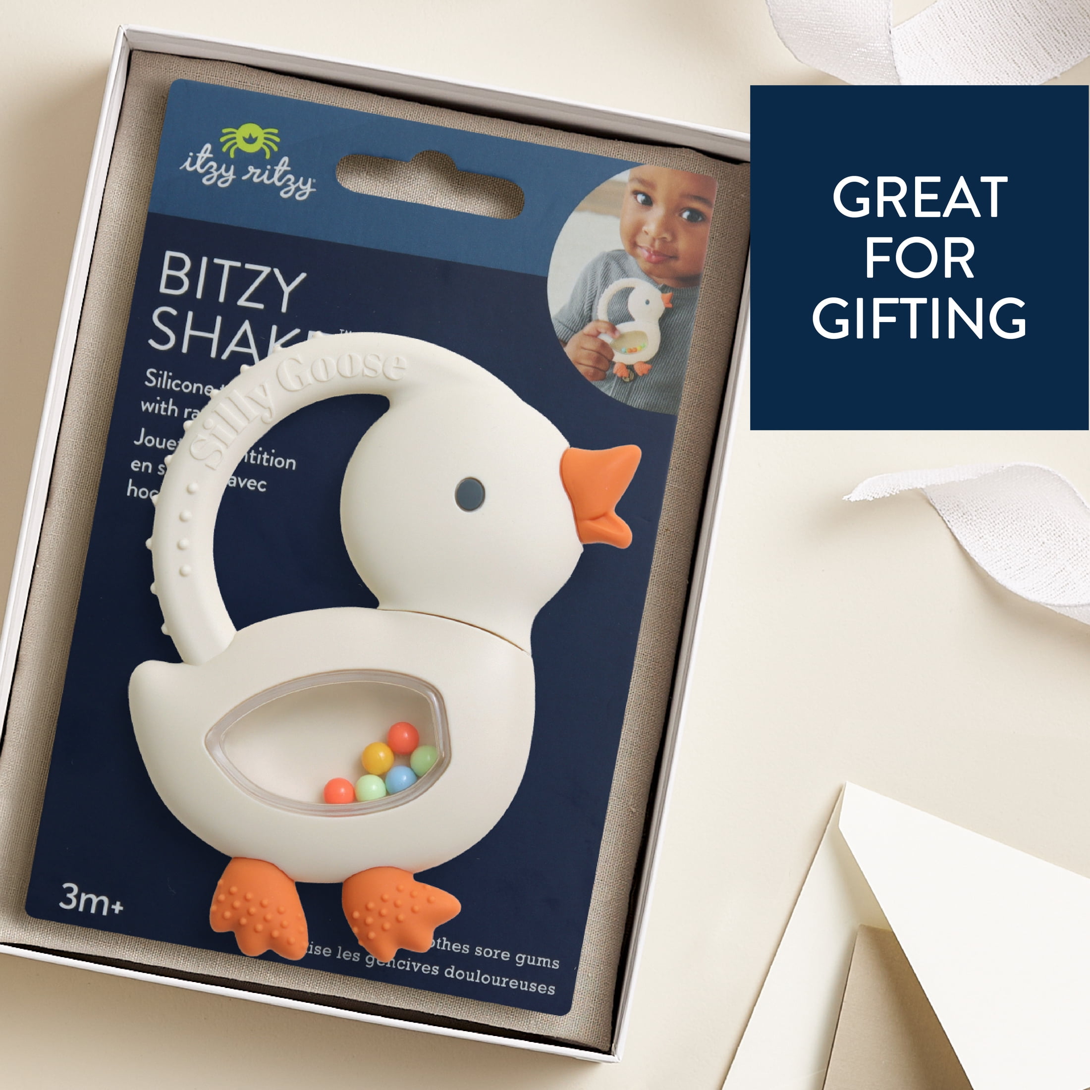 Itzy Ritzy Bitzy Shake™ Goose Silicone Teether and Rattle for Infants, 3+ Months