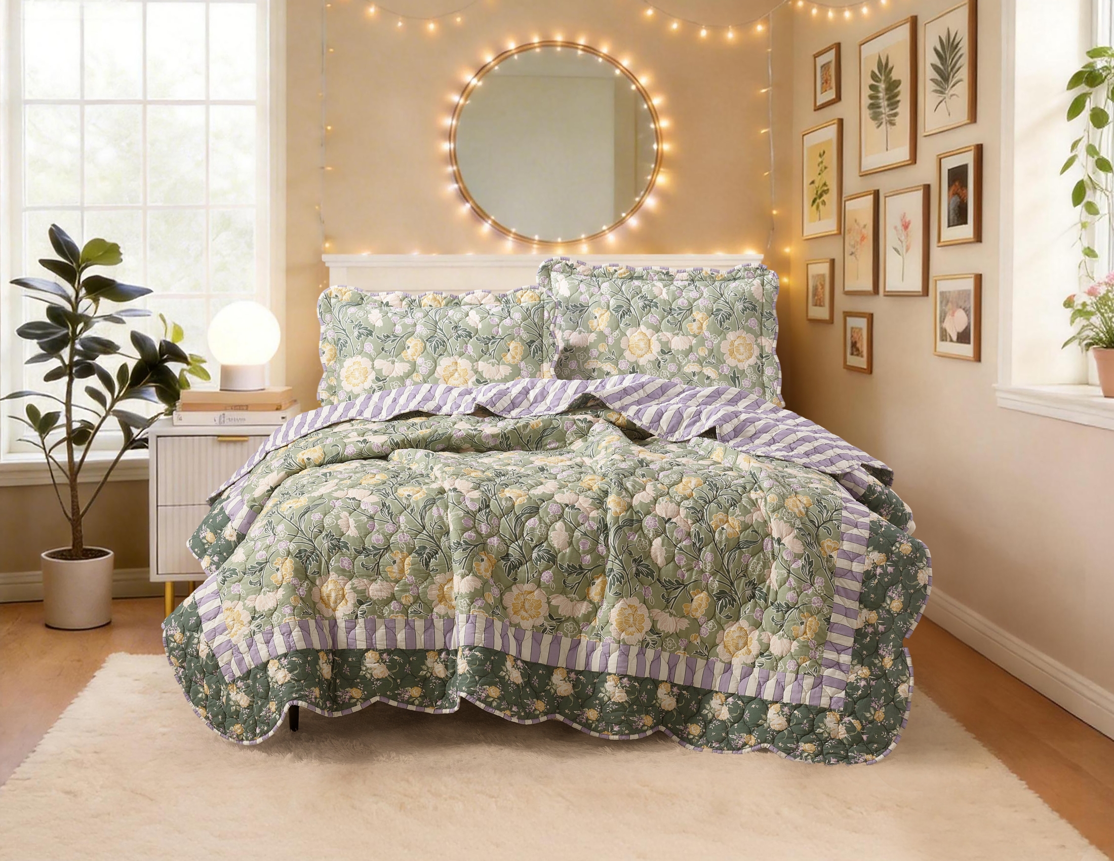 Mainstays Ensemble de courtepointe Jardin rustique Double/Grand lit, 3 pièces, Vert, Adulte.