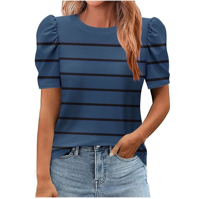 Pisexur Hauts pour Femmes, Hauts de Sortie pour Femmes & T-Shirt à Manches Courtes Col Rond Imprimé, Haut Ample, Hauts de Printemps pour Femmes Marine, P