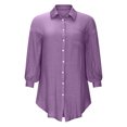 thumbnail image 4 of Robe Chemise Mini d'Été Unie à Manches Longues pour Femme, Col à Revers, Simple Boutonnage, Décontractée, Ample, Blouse, Robe Courte pour Femme, 4 of 7