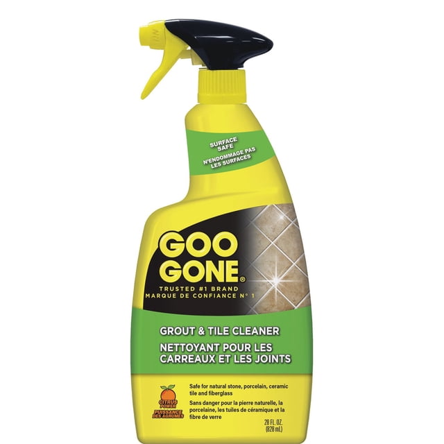 Goo Gone Grout Cleaner spray bottle with yellow body and black-yellow trigger, green label showing grout and tile, designed for safe cleaning of grout and tile on natural stone, porcelain, ceramic, and fiberglass surfaces, 28 fl oz (828 mL).