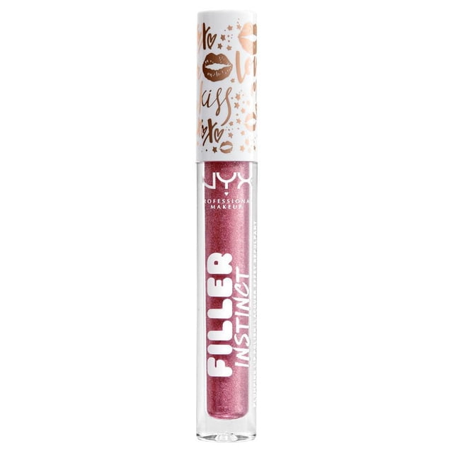 NYX Professional Makeup Filler Instinct Vernis à Lèvres Repulpant en tube Transparent avec gloss rose Scintillant et une Casquette Blanche Ornée de Lèvres or rose et d'Empreintes de Baisers, Offrant une Formule Hydratante et Repulpante pour des Lèvres Plus Pulpeuses et Lustrées, Adaptée à la Superposition Ou au Port en solo.