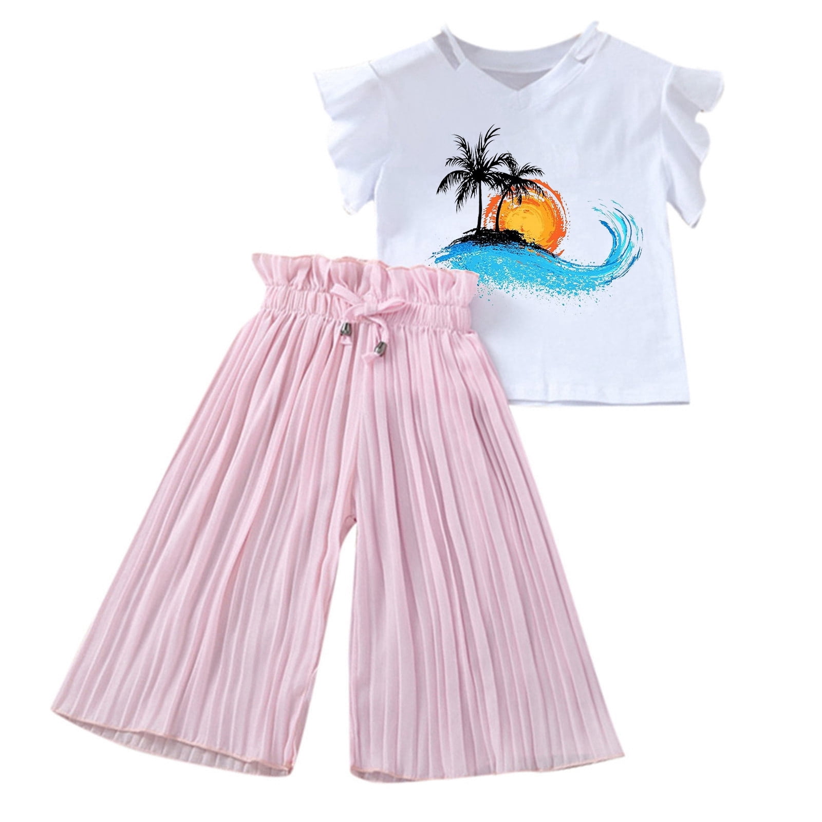 Hiiyo Toddler Girls Clothing Sets Summer Graphic Ruffle T-Shirt Wide-Leg Pants Outfits