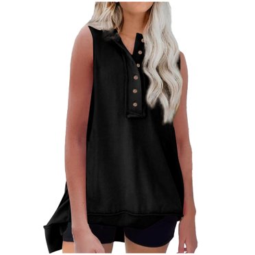 FAIWAD Women's Sleeveless Tank Tops Summer V Neck Button Down Tops Irregular Hem Lightweight Tops