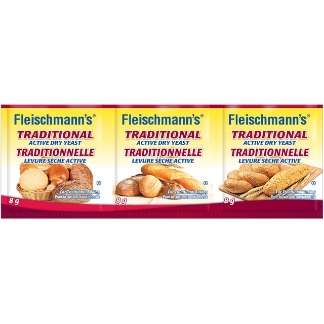 Fleischmann's Bandes Traditionnelles de Levure Sèche ACTIVE Montrant Trois Sachets de 8 g avec Emballage Jaune et Rouge, Chacun Présentant des images de Pains Assortis Incluant des Rouleaux, des baguettes et des Pains Épépinés, Conçues pour la Cuisson Traditionnelle et l'Utilisation de Levure ACTIVE dans les Ingrédients de Cuisson du Garde-Manger.