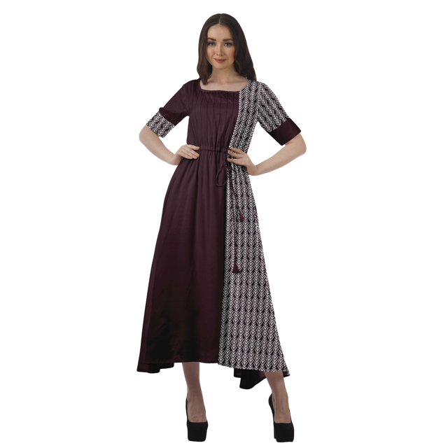 Moomaya Robe Midi en Viscose à Manches Courtes Imprimée Style Santoon à Taille à Cordon pour Femmes