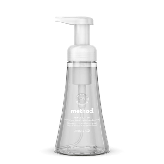 Method Foaming Hand Soap Sweet Water 300ml clear plastic bottle with white foaming pump, biodegradable plant-based formula that cleans and softens hands with a fresh grapefruit and jasmine scent