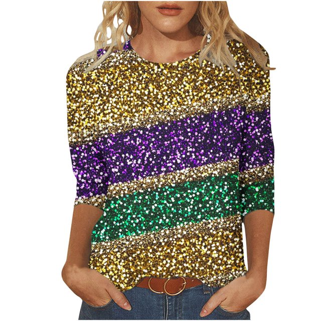 Penkiiy T-shirt Blouse Décontractée à Manches 3/4 et Col Rond pour Femmes, Impression Mode Mardi Gras, 5TG Multicolore