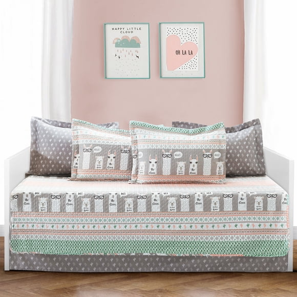 Lush Decor Pink-and-Turquoise Llama Striped 6-Piece Daybed Cover Bed Set, Pink & Turquoise