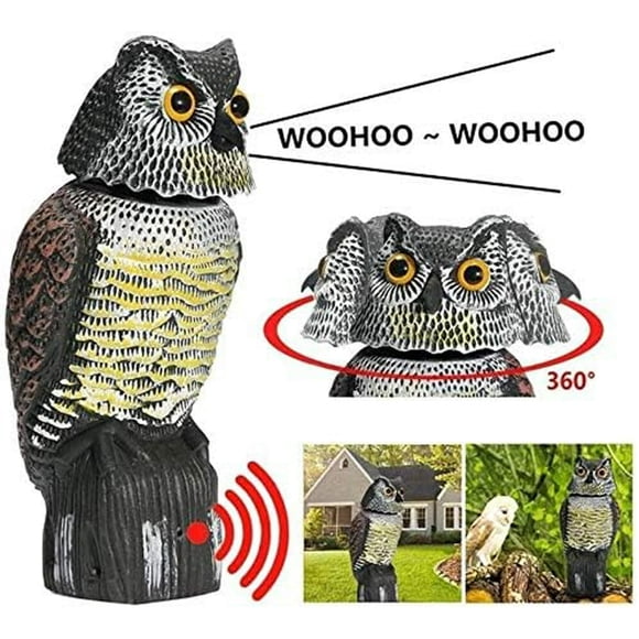 Fake Owl Decoy 360 Rotating Head Scarecrow Statue Realistic Scary Sounds Pest Crow Bird Repellent for Yard Garden Protector