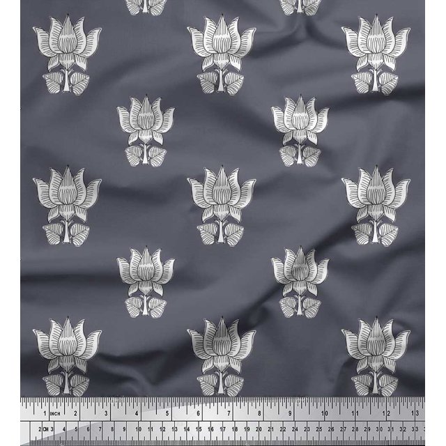 Soimoi Rayon Fabric Leaves & Lotus Block Print Fabric by Yard 56 Inch Wide
